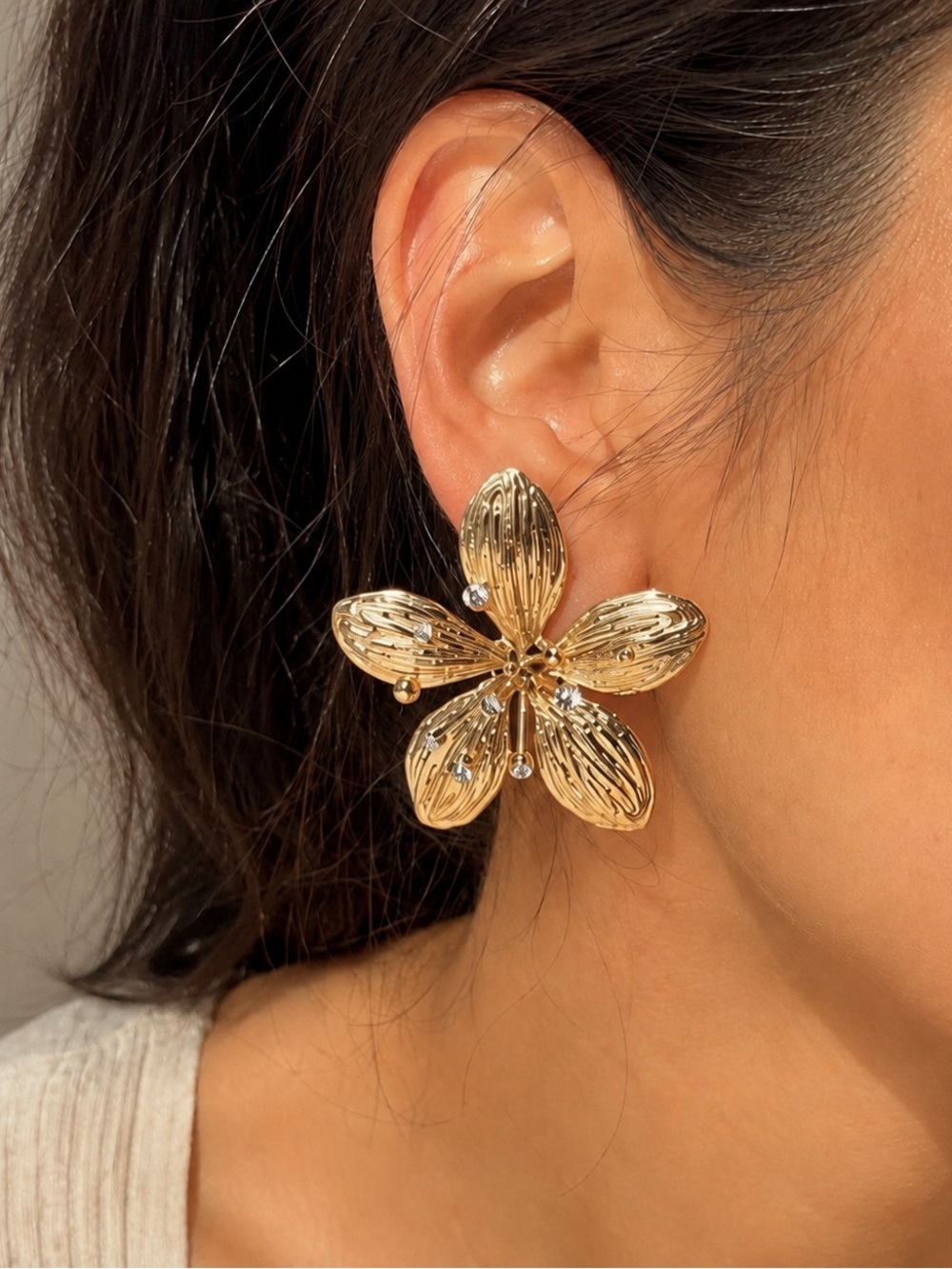 Zara NWT Gold Bloom Crystal Statement Earrings